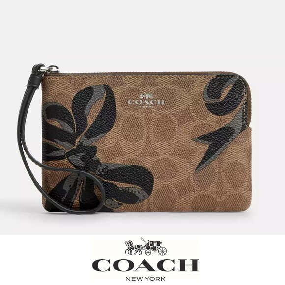 🎁 Coach Corner Zip Wristlet In Signature Canvas With Bow Print - Picture 1 of 9